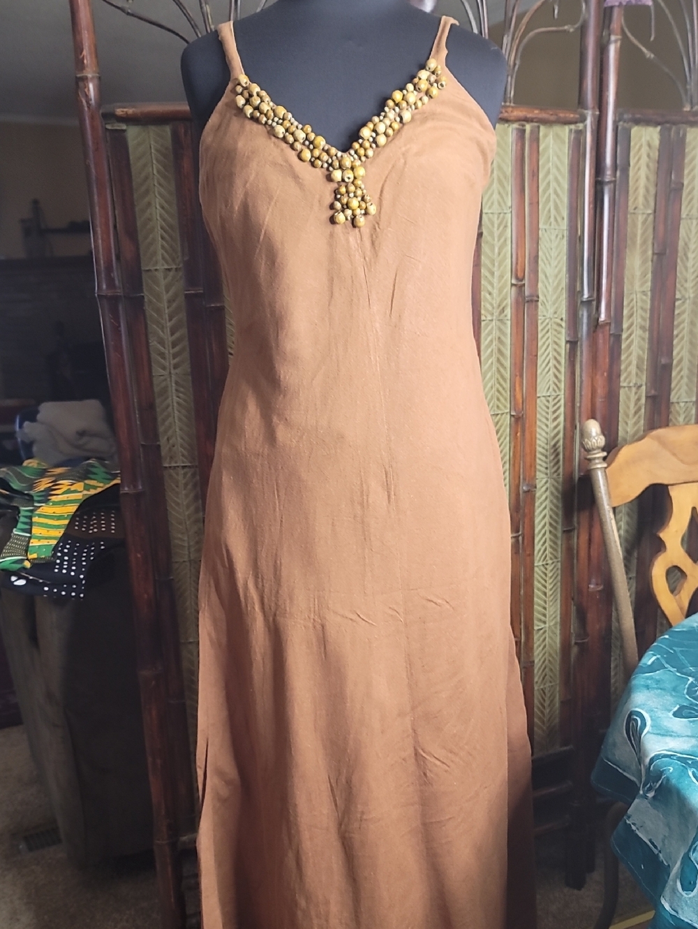 Embellished Tan Maxi Slip Dress with Beaded V-Neck